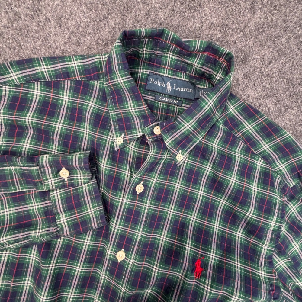 Ralph Lauren Classic Fit Plaid Shirt Mens Small Green Blue Long Sleeve 0941
